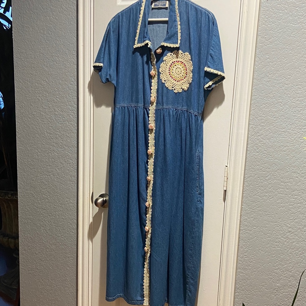 Blue Denim Midi Dress with Crochet Details